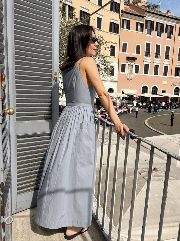 Light Gray Tie-Waist Midi Dress with Pockets