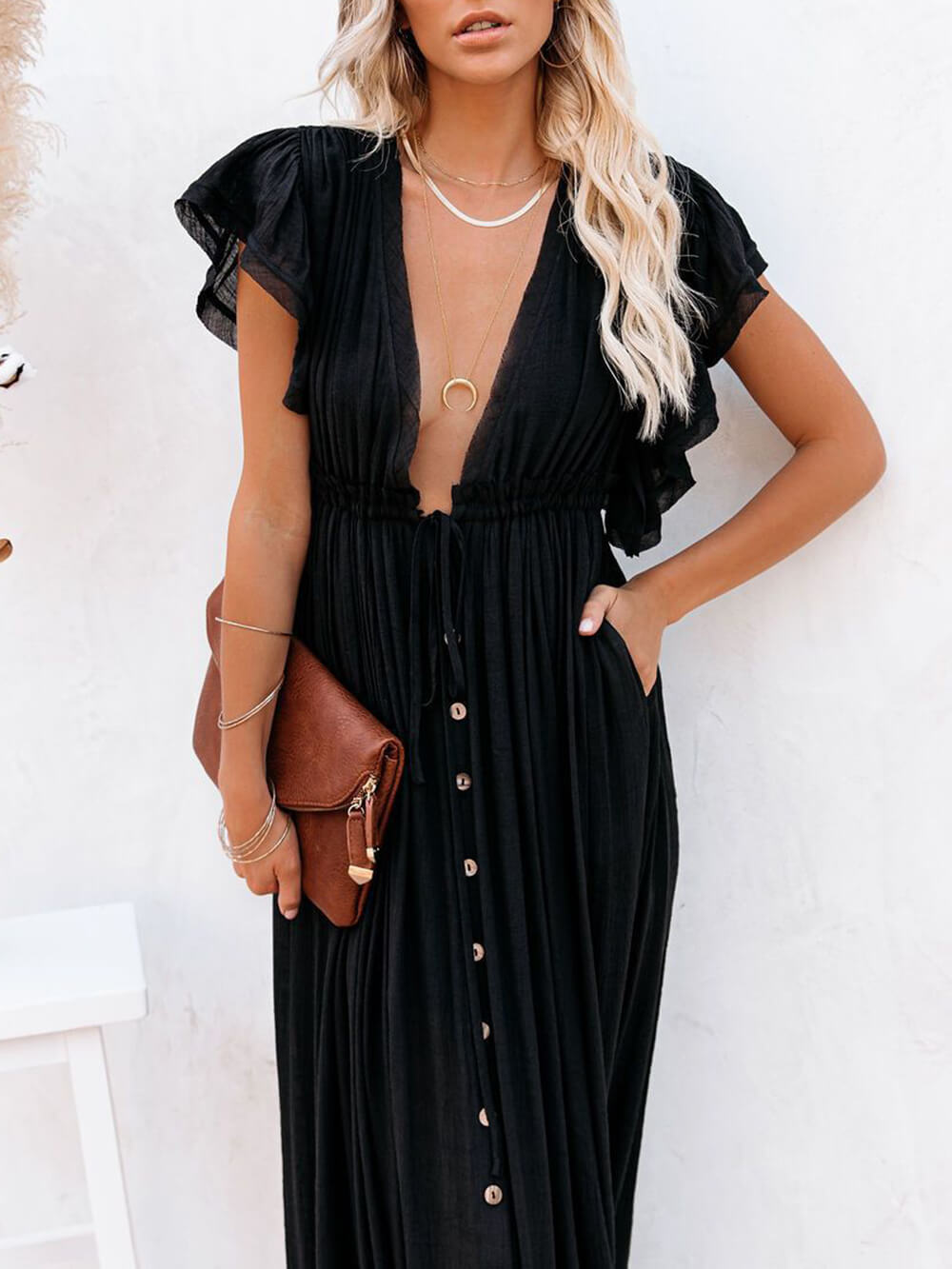 Knopf Baumwoll Leinen Perfektes Strand Boho Maxikleid
