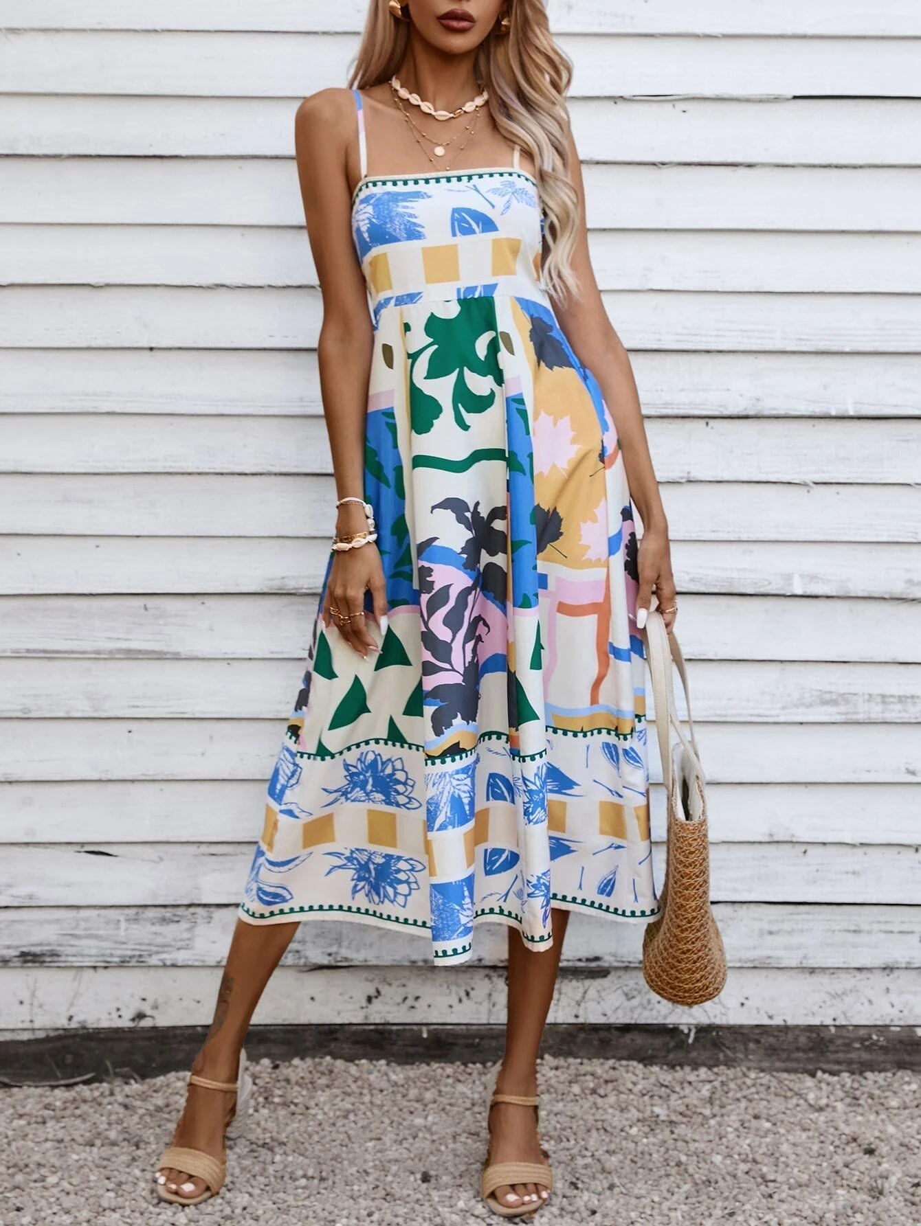 Patchwork-Slip-Maxikleid: Abstrakt bunt bedruckt