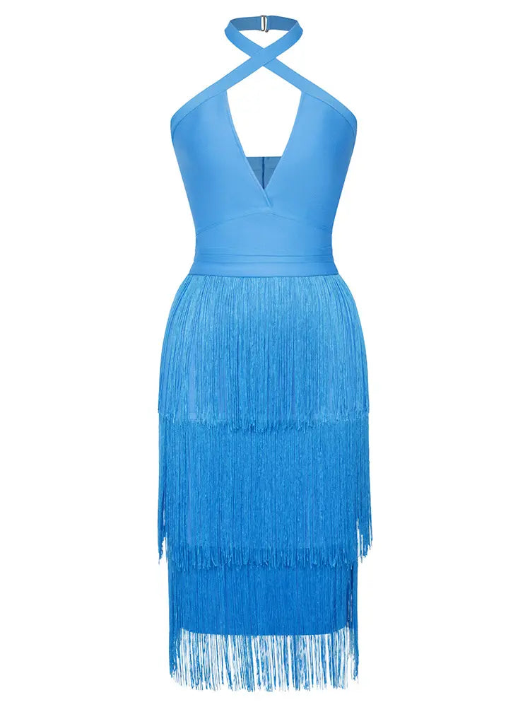 Halter-Minikleid mit blauen Fransen