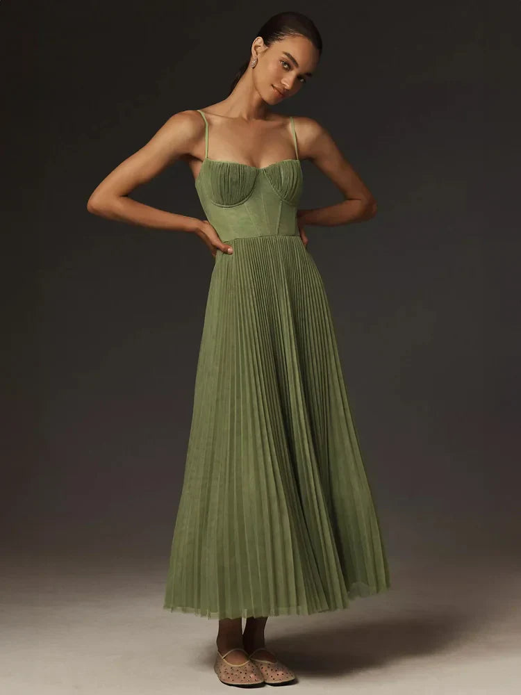 Bustier-Midi-Kleid aus plissiertem Tüll mit ausgestelltem Rock