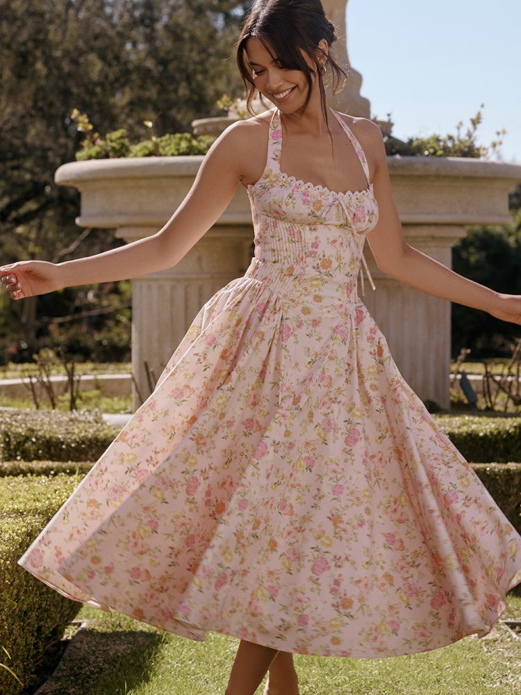 Rosa Wiesen-Print Rückenfreies Midi-Trägerkleid