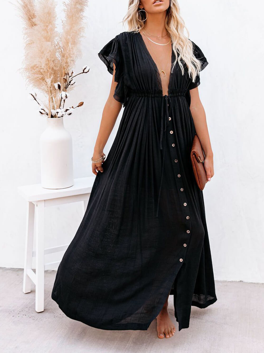 Knopf Baumwoll Leinen Perfektes Strand Boho Maxikleid
