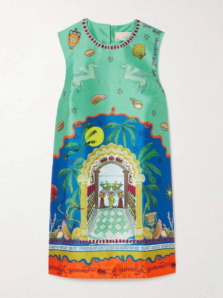 Botanical Print Satin Dress