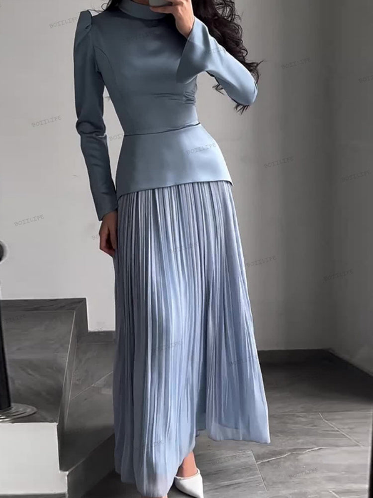 Color-Block-Splicing Slim-Fit Maxi-Kleid mit Schnürung und langen Ärmeln