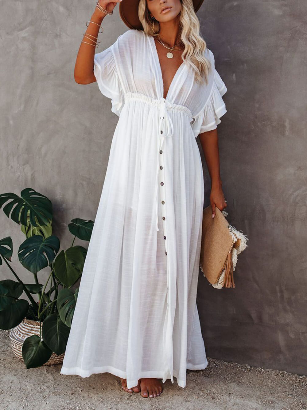 Knopf Baumwoll Leinen Perfektes Strand Boho Maxikleid