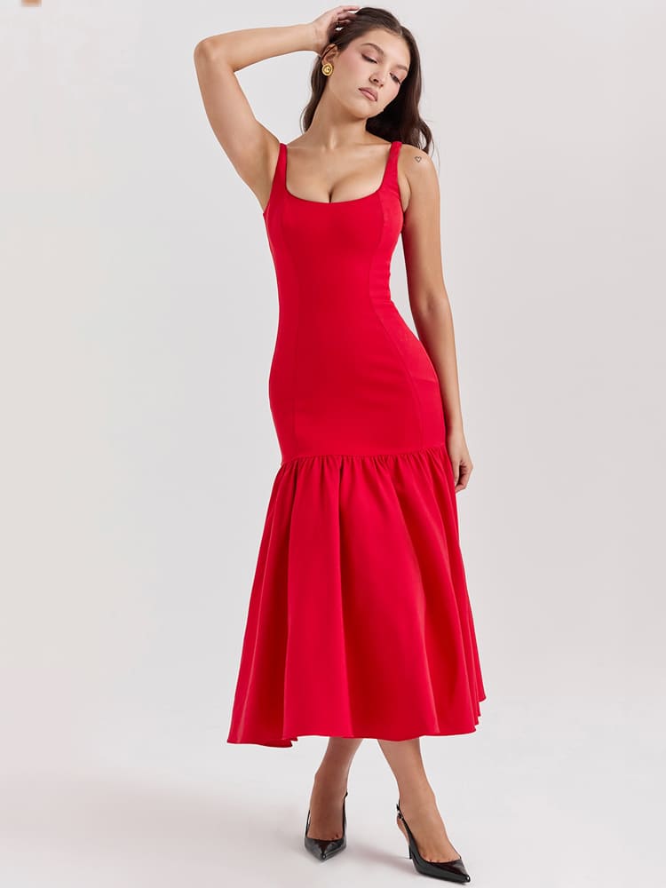 Sexy, eng anliegendes Midi-Kleid mit tiefem Bund – Scharlachrot