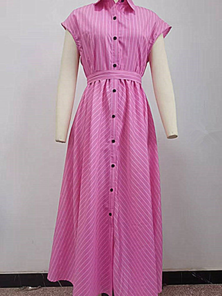 Gestreiftes Hemdkragen-Knopf-Midikleid