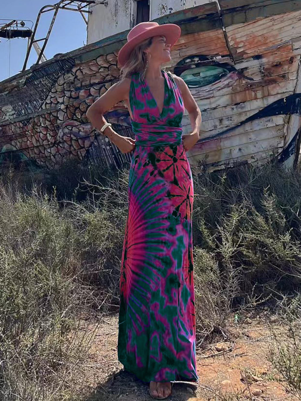 Batik-Print V-Ausschnitt Überkreuzte Träger Rückenfrei Stretch Maxikleid