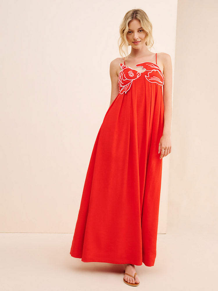 Maxikleid aus Leinenmix mit Fischmotiv