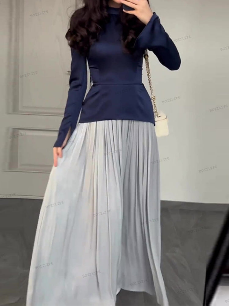 Color-Block-Splicing Slim-Fit Maxi-Kleid mit Schnürung und langen Ärmeln