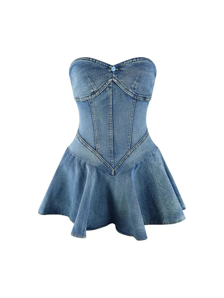 Trägerloses Rüschenkleid aus Denim