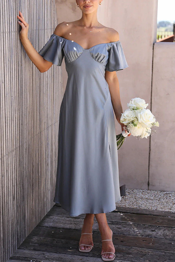 Midi-Kleid mit Seitenschlitz: Carmen-Ausschnitt, Volantärmel