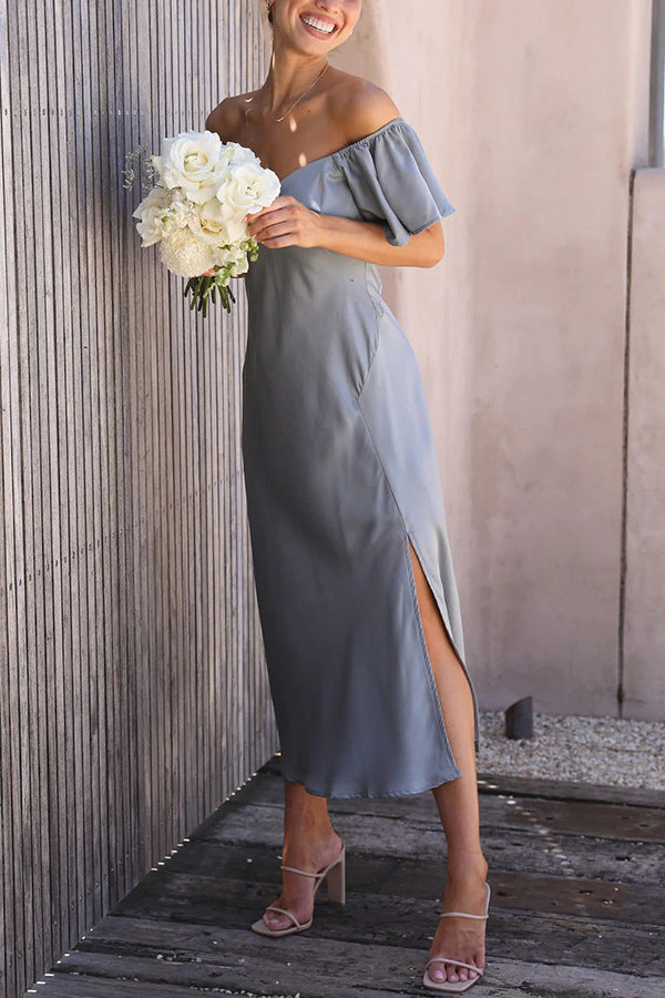 Midi-Kleid mit Seitenschlitz: Carmen-Ausschnitt, Volantärmel