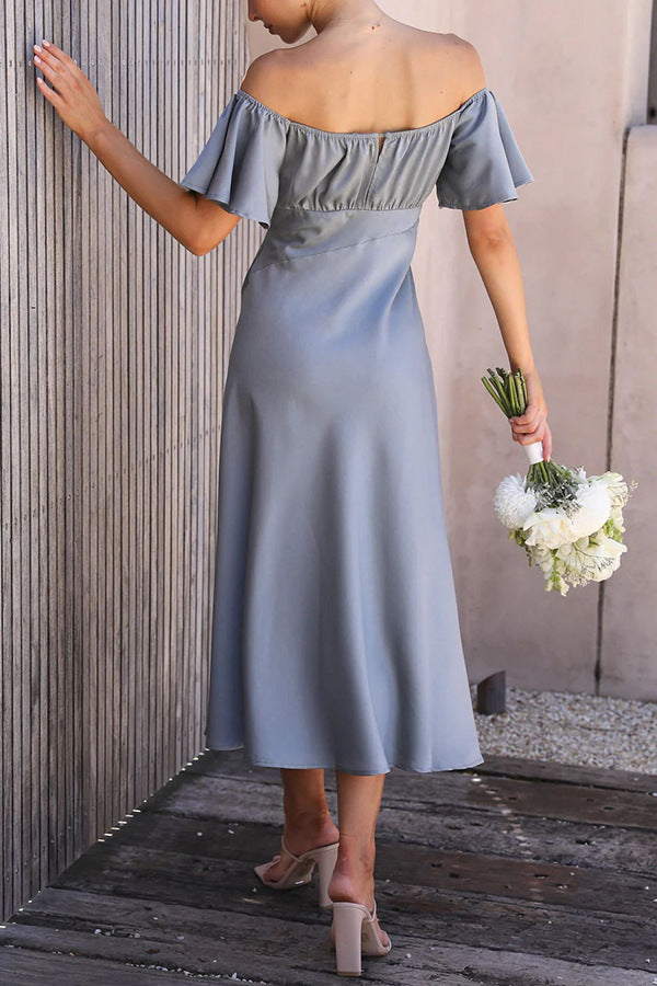 Midi-Kleid mit Seitenschlitz: Carmen-Ausschnitt, Volantärmel