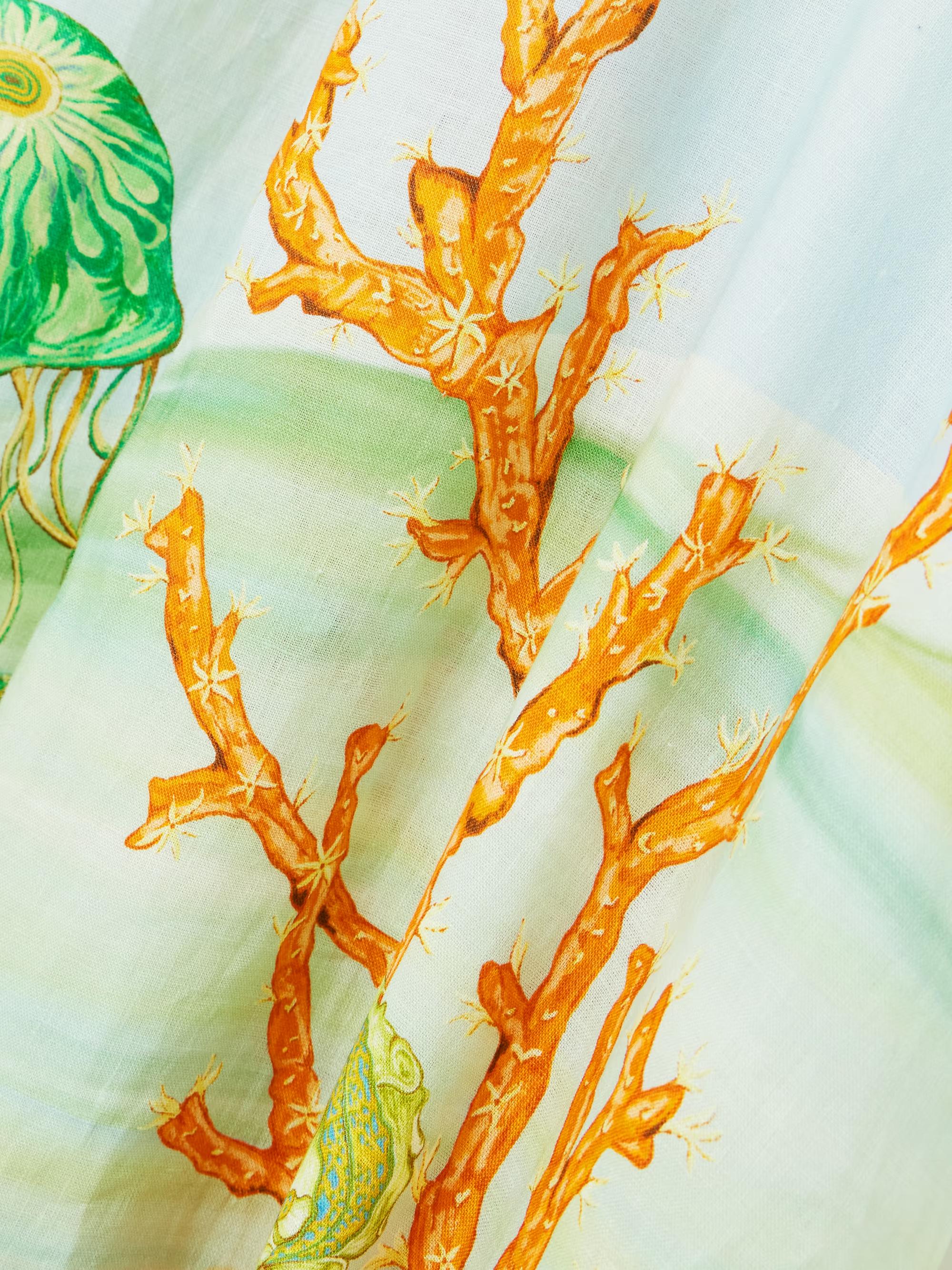 Midi-Kleid aus geraffter bedruckter Leinen-Gaze