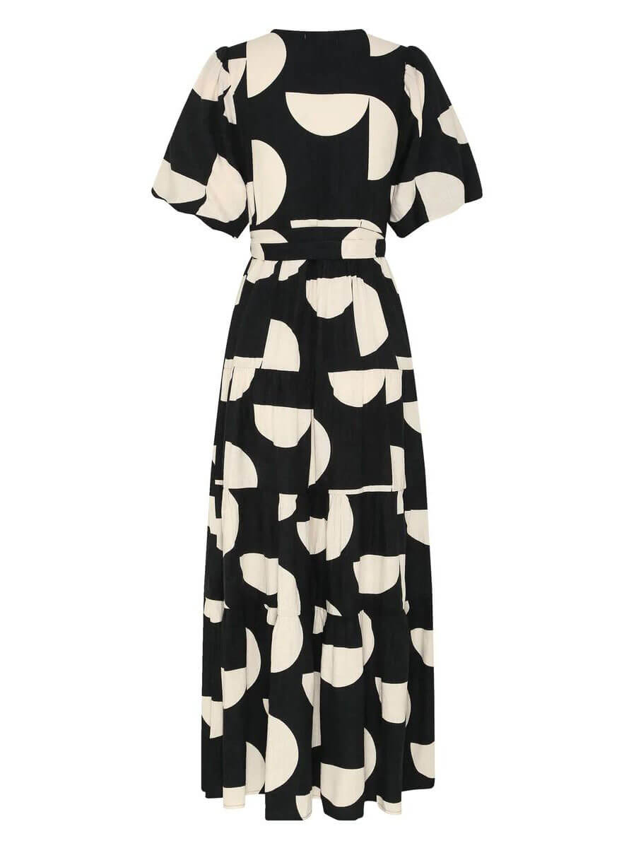 Midi-Kleid mit Puffärmeln, V-Ausschnitt und geometrischem Muster