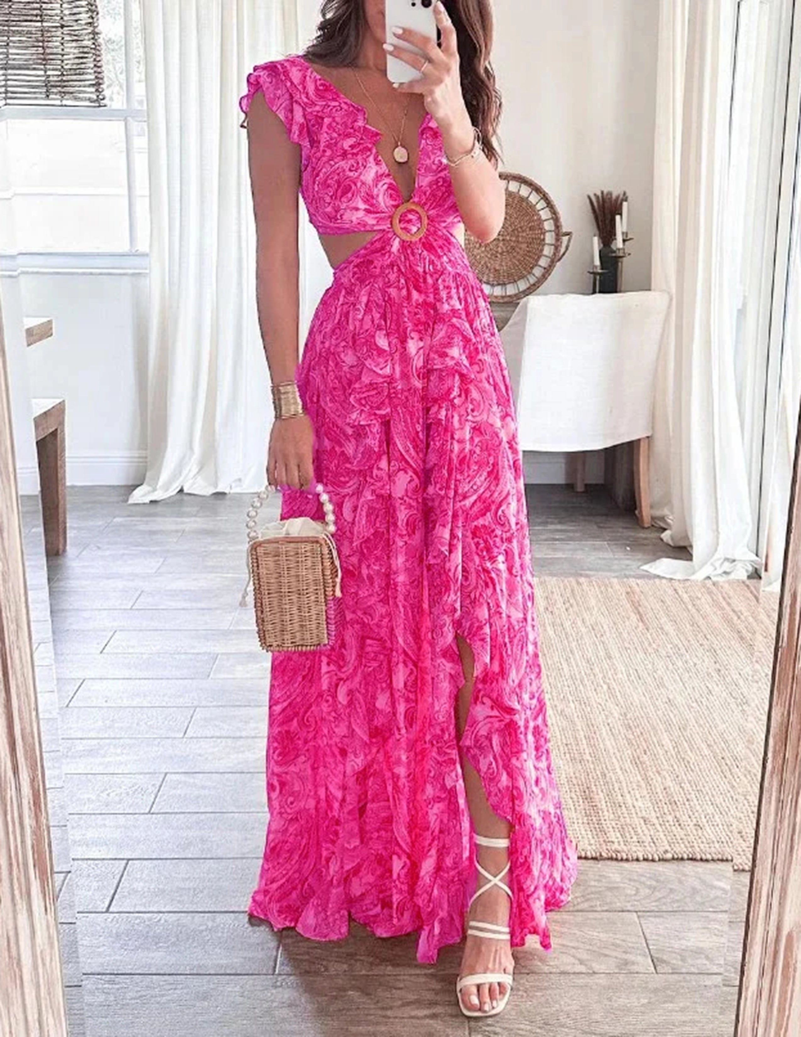 Kleid mit Schmetterlingsärmeln, Print, Rüschen und Schlitz