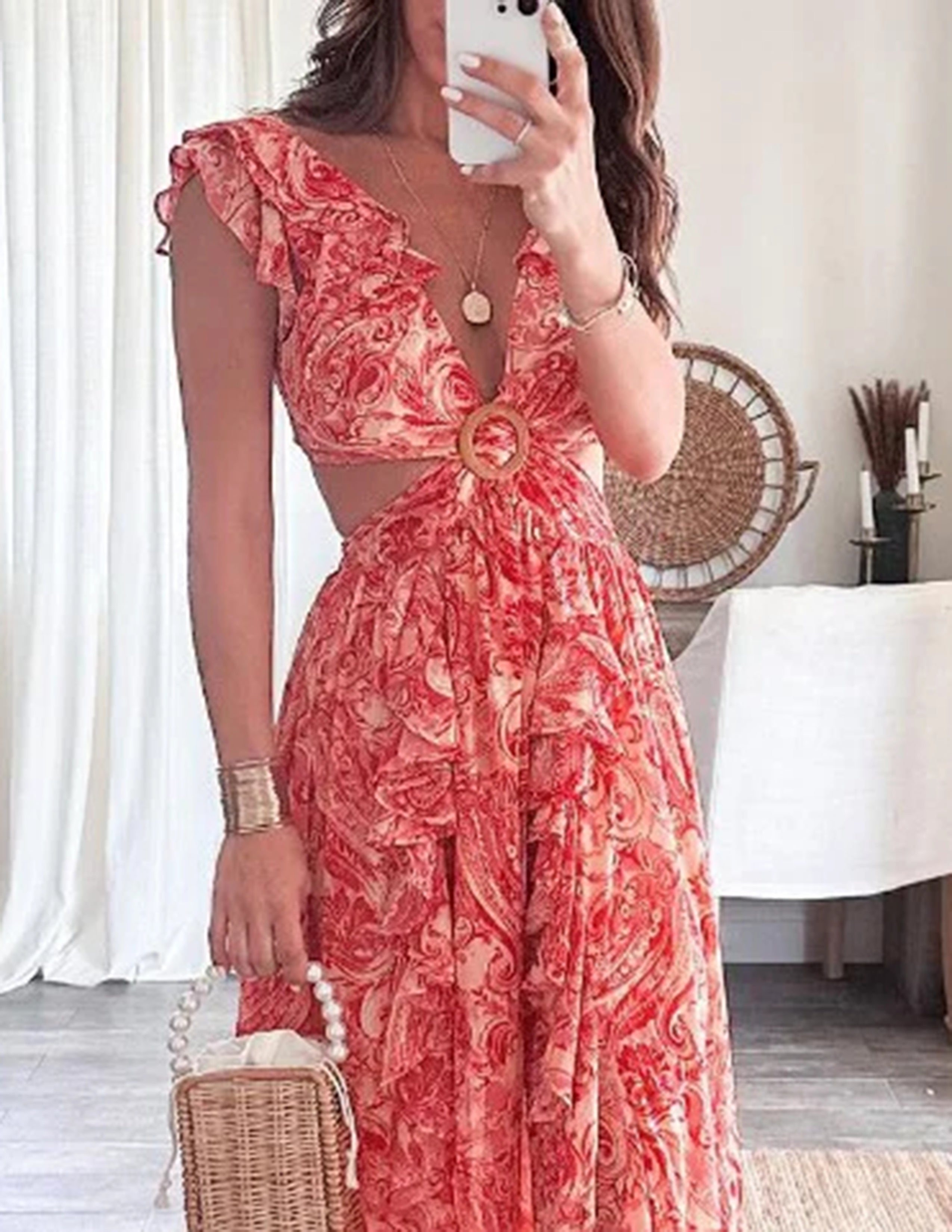 Kleid mit Schmetterlingsärmeln, Print, Rüschen und Schlitz