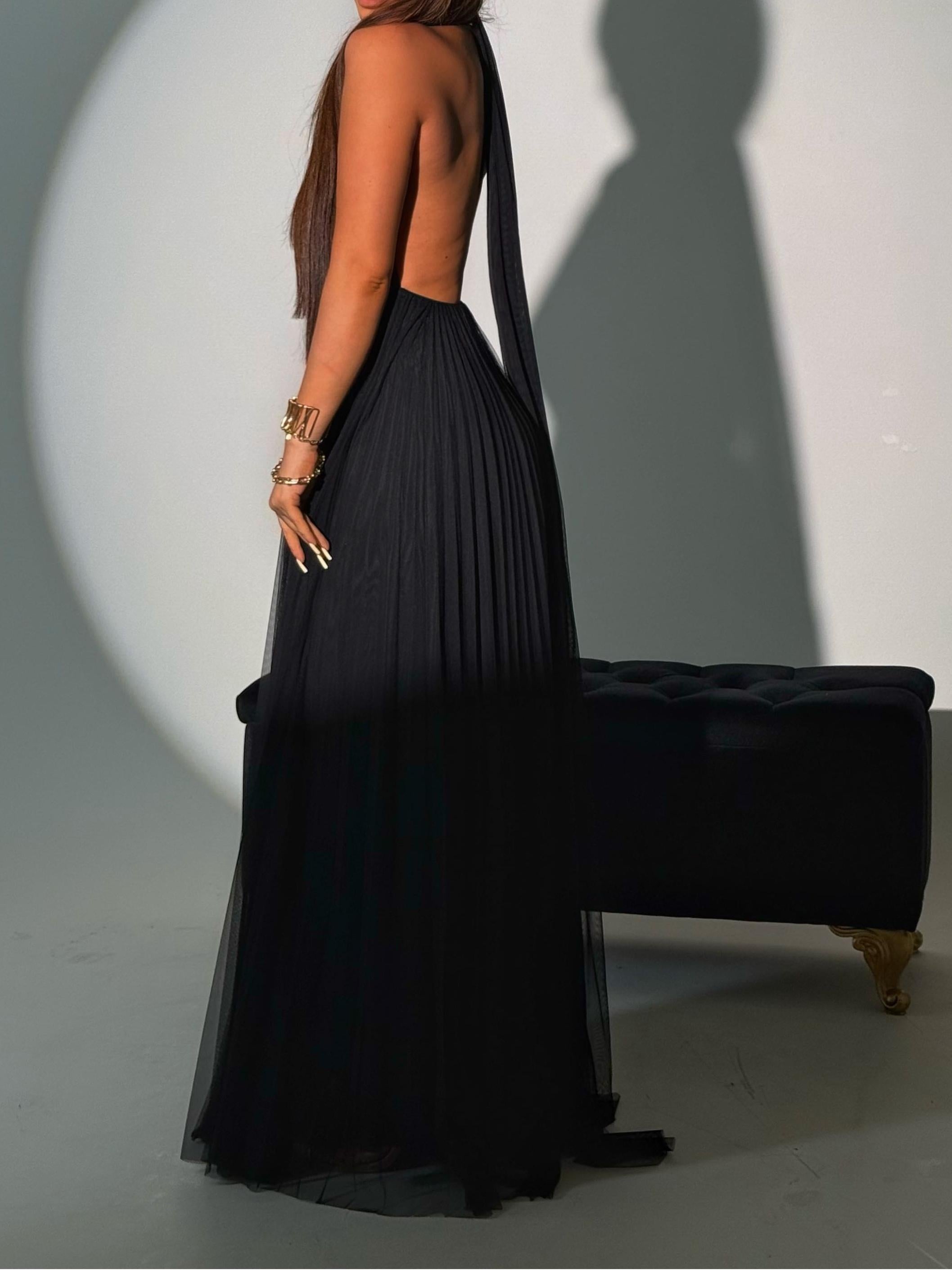 Rückenfreies, plissiertes Maxikleid mit Neckholder
