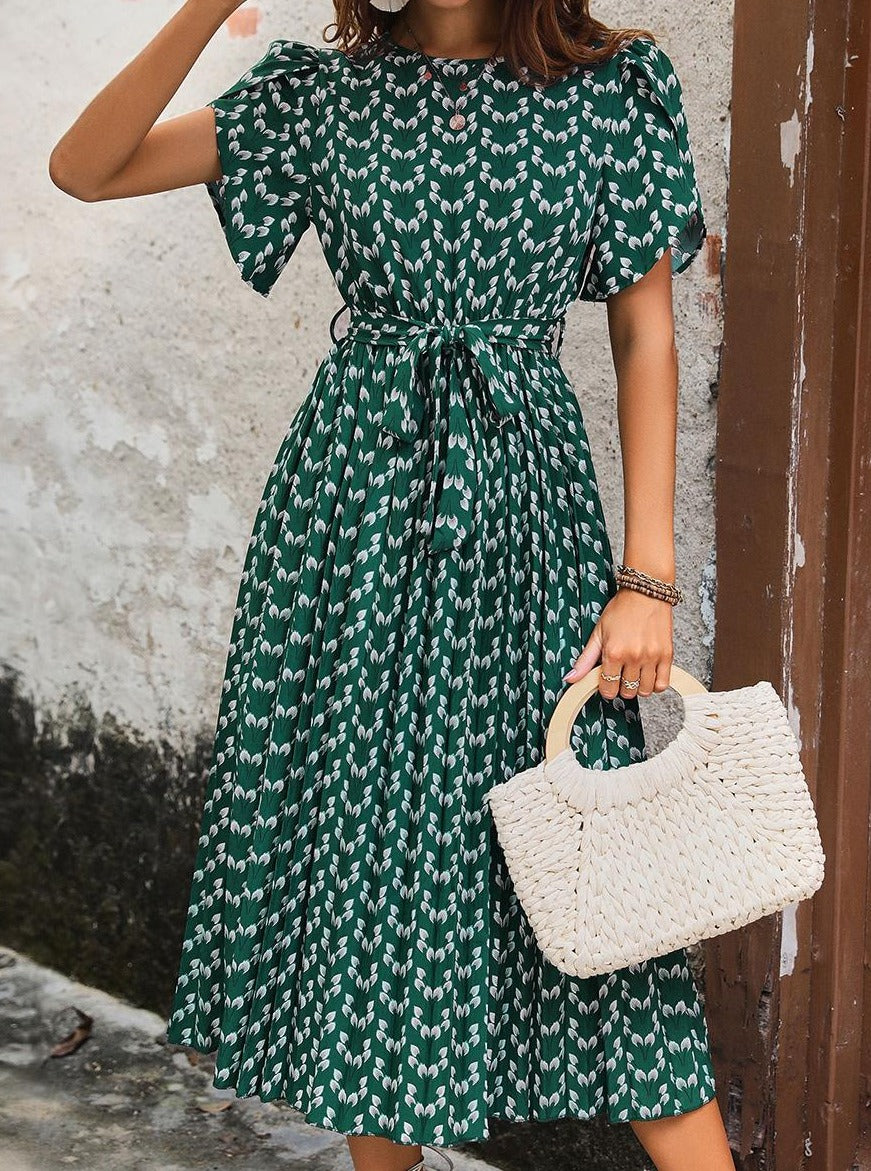 Geblümtes Midi-Kleid Stretch Schärpe Rundhalsausschnitt Kurze Ärmel Bohemian