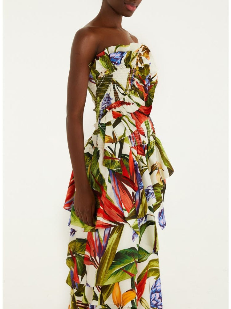 Strapless Tropical Tiered Midi Dress