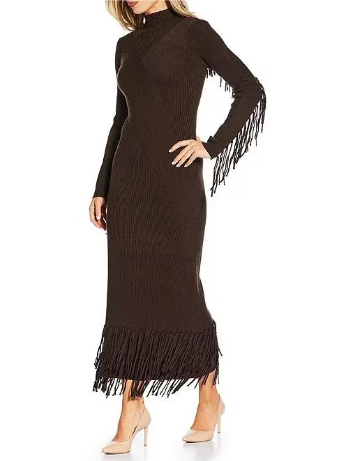 Geripptes Strick Maxikleid mit Fransen in Bodycon-Passform