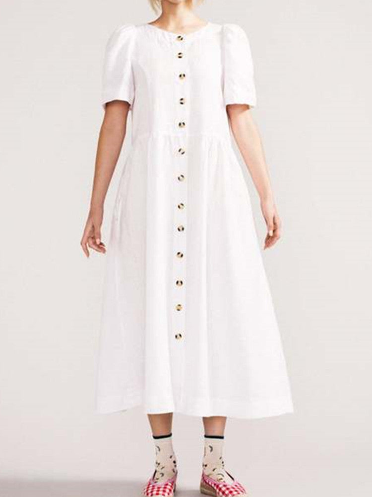 Midi-Leinenkleid mit V-Ausschnitt, durchgehender Knopfleiste und Tasche in Weiß