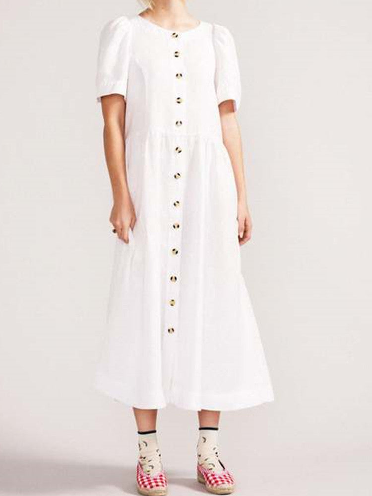 Midi-Leinenkleid mit V-Ausschnitt, durchgehender Knopfleiste und Tasche in Weiß