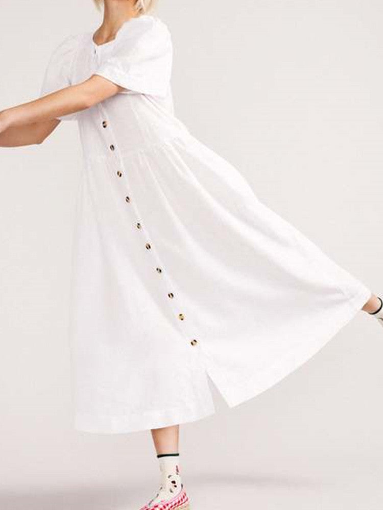 Midi-Leinenkleid mit V-Ausschnitt, durchgehender Knopfleiste und Tasche in Weiß