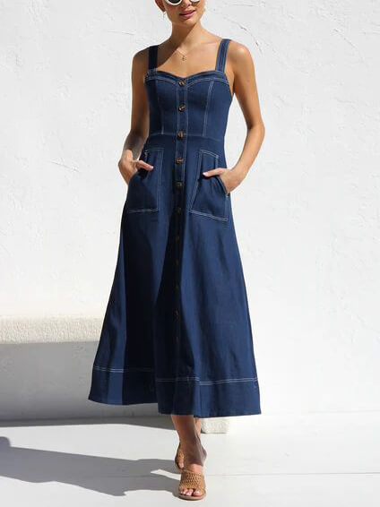 Jeans-Träger-Midi-Kleid mit Knöpfen