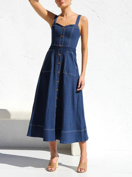 Jeans-Träger-Midi-Kleid mit Knöpfen