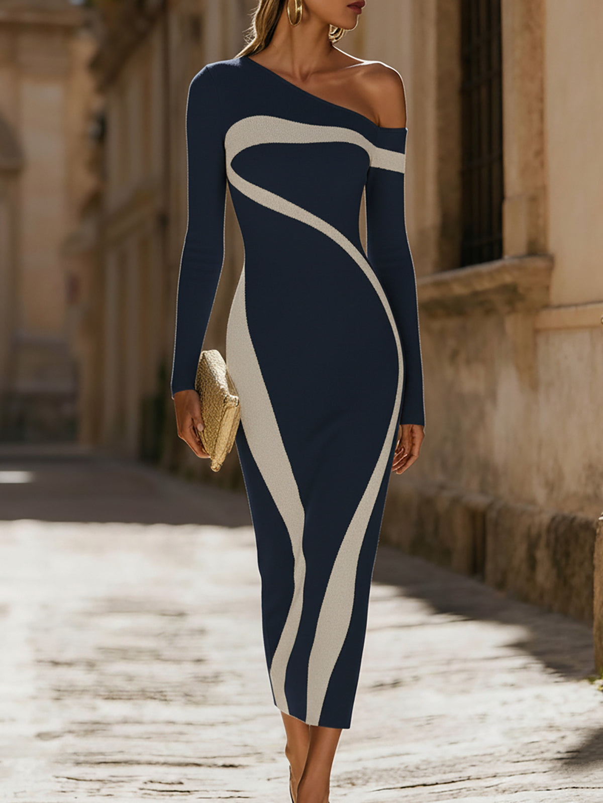 Elegantes monochromes, kontrastierendes One-Shoulder Bodycon-Kleid