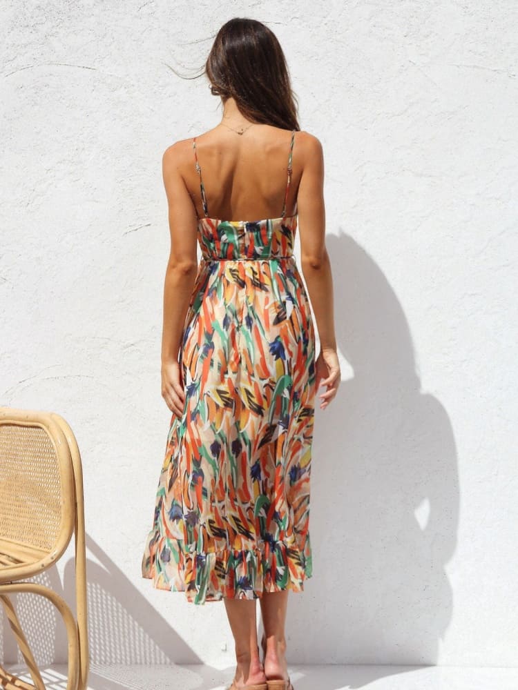 Geblümtes Midikleid mit Rüschensaum und Spaghettiträgern