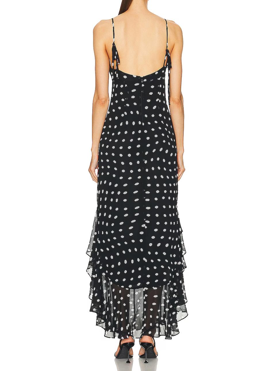 Schwarz-Cremefarbenes Maxikleid mit Polka Dots und Rüschen