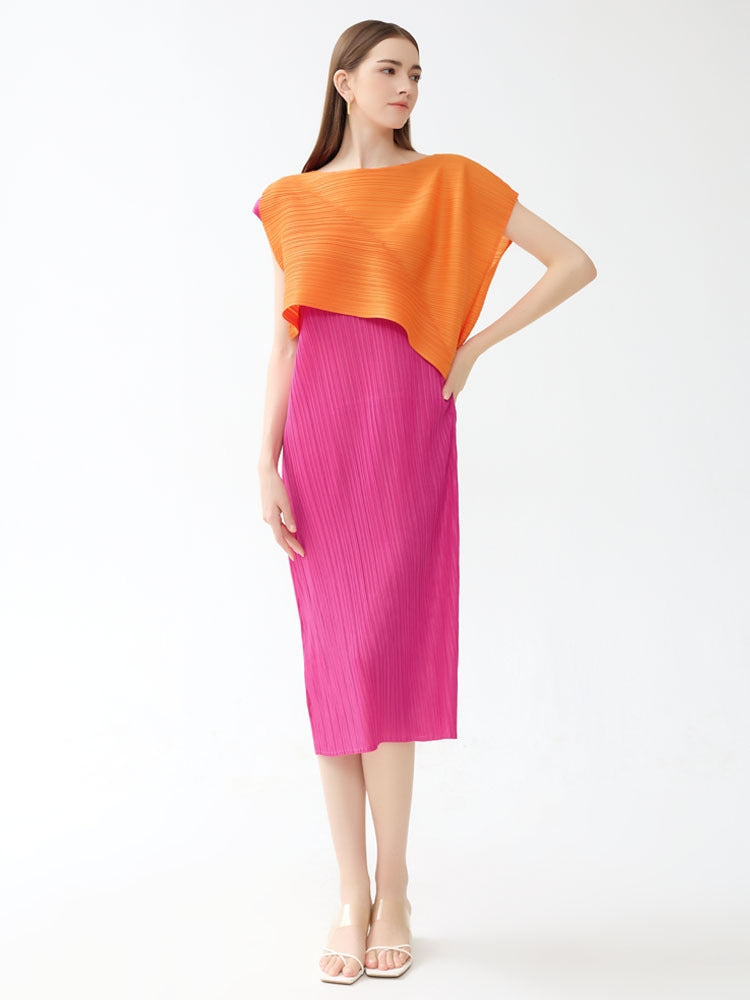 Rundhals-Midikleid mit Falten und Farbblockdesign