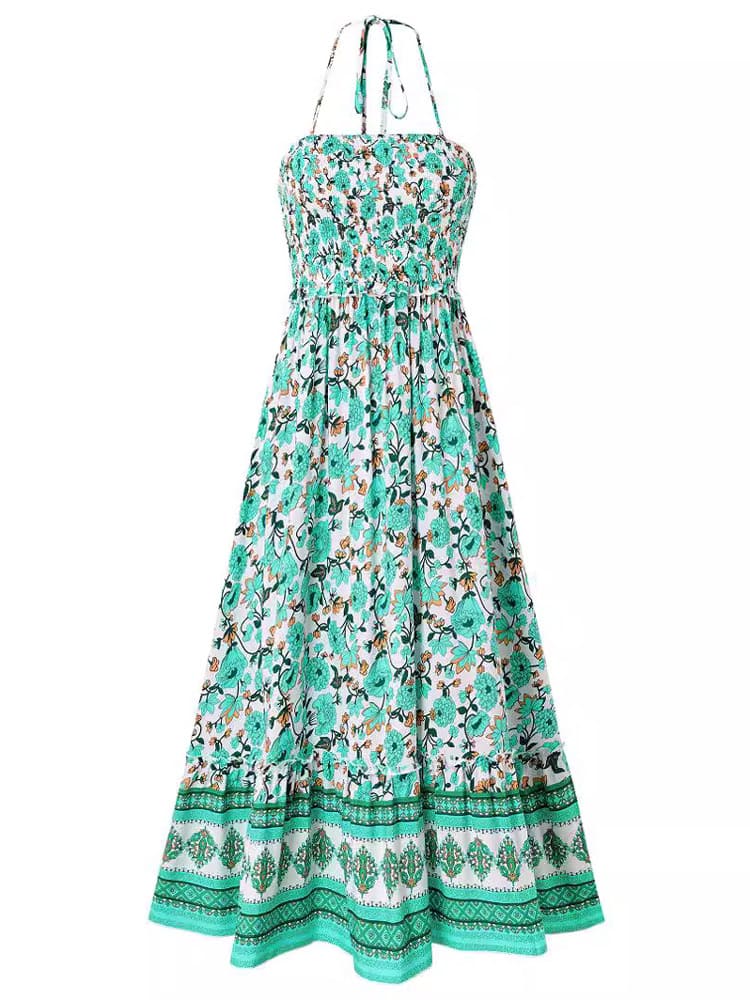 Geblümtes, gesmoktes Maxikleid mit Neckholder