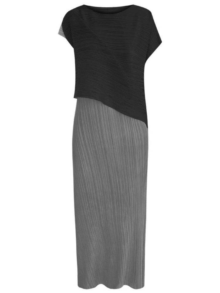 Rundhals-Midikleid mit Falten und Farbblockdesign