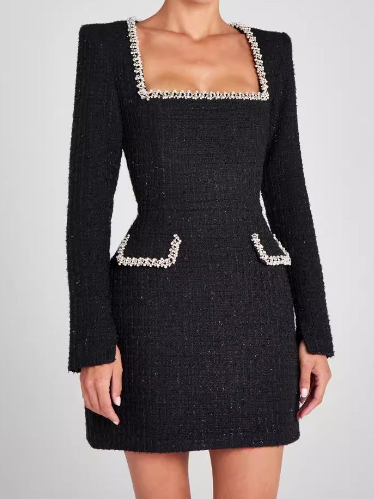 Tweedkleid mit Perlenbesatz