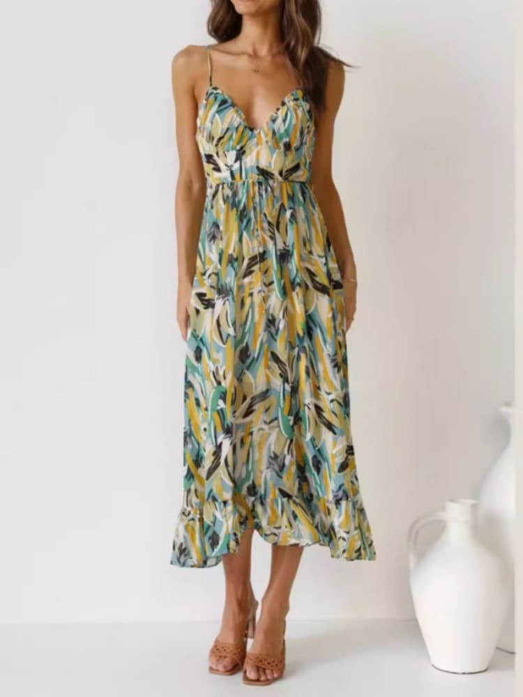 Geblümtes Midikleid mit Rüschensaum und Spaghettiträgern