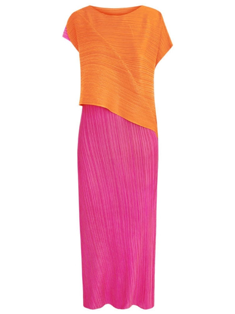 Rundhals-Midikleid mit Falten und Farbblockdesign