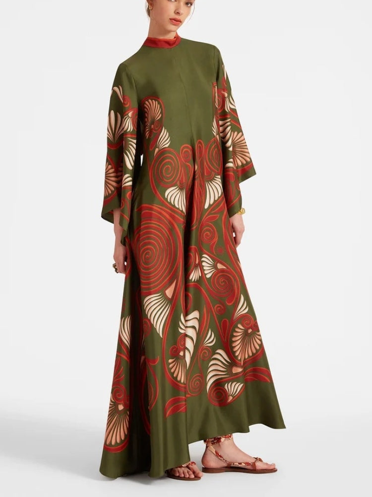 Magnifico Bedrucktes Maxikleid – Dunkelgrün