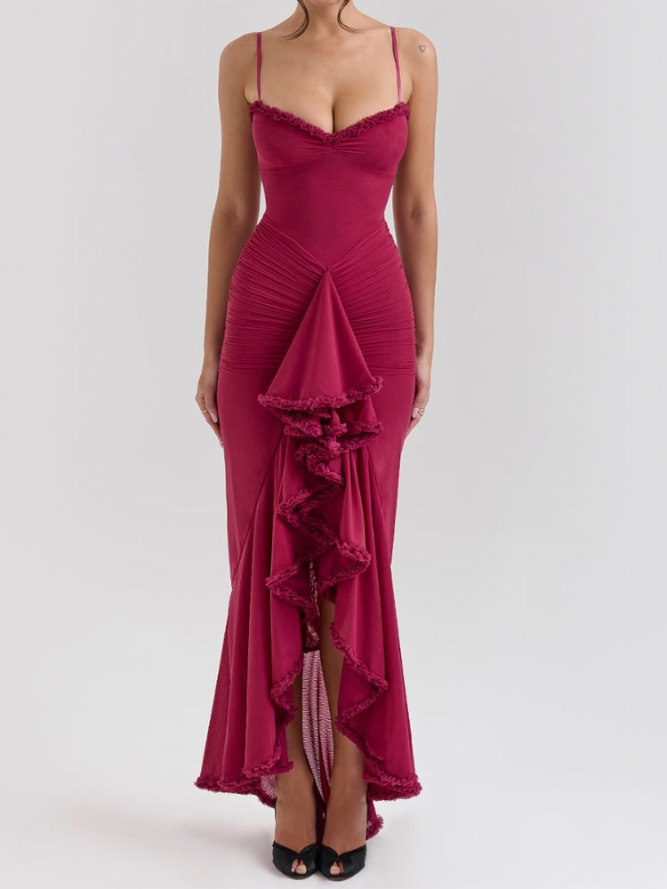 Aprikotfarbenes, gerafftes Abendkleid