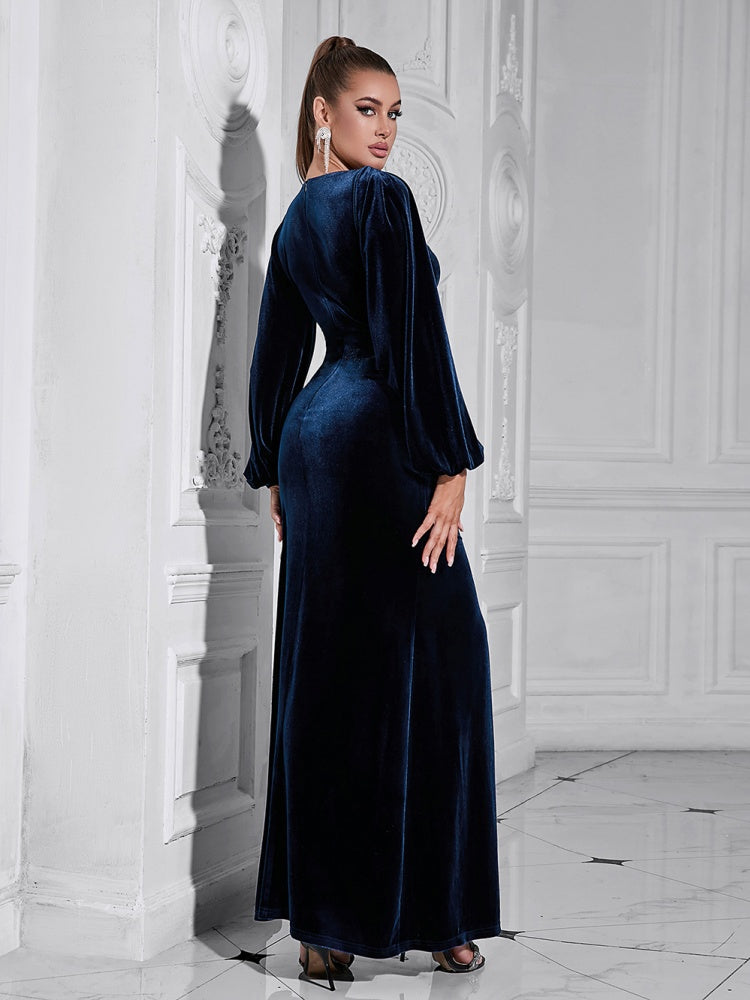 Sexy Kleid mit V-Ausschnitt, Schlitz und langen Ärmeln