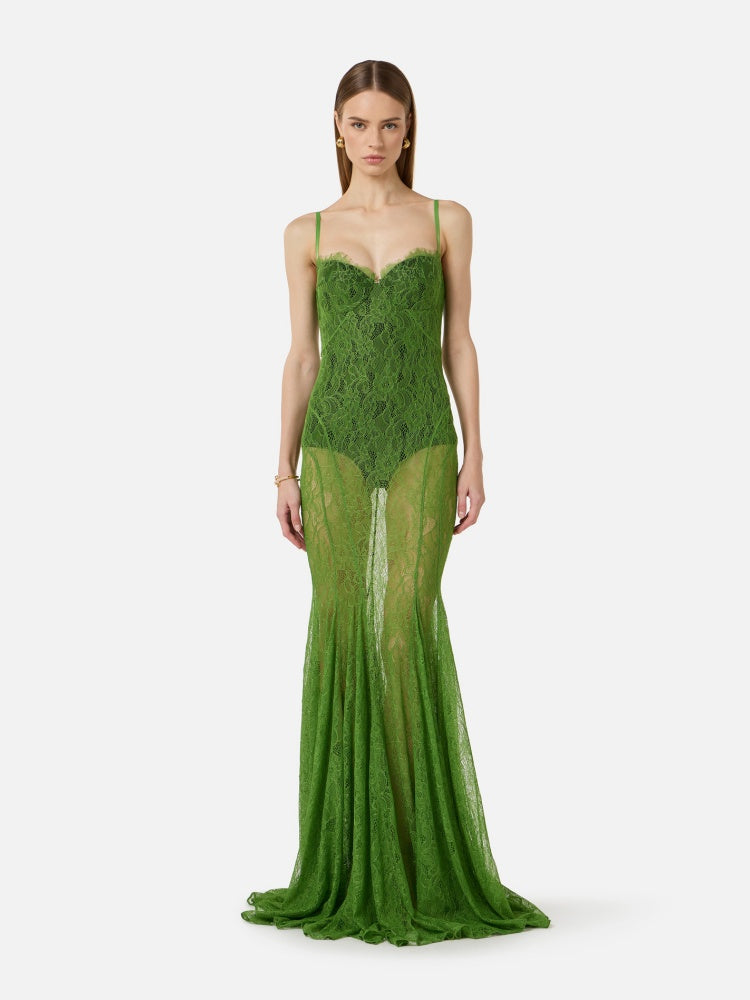Green Sheer Lace Fishtail Gown