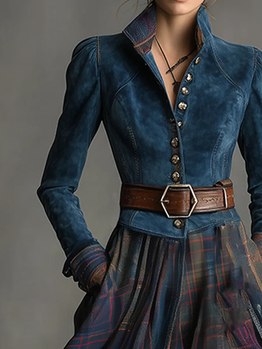 Blaues Maxikleid im Retro-Ethno-Stil aus Wildlederimitat mit Karomuster (inklusive Gürtel)
