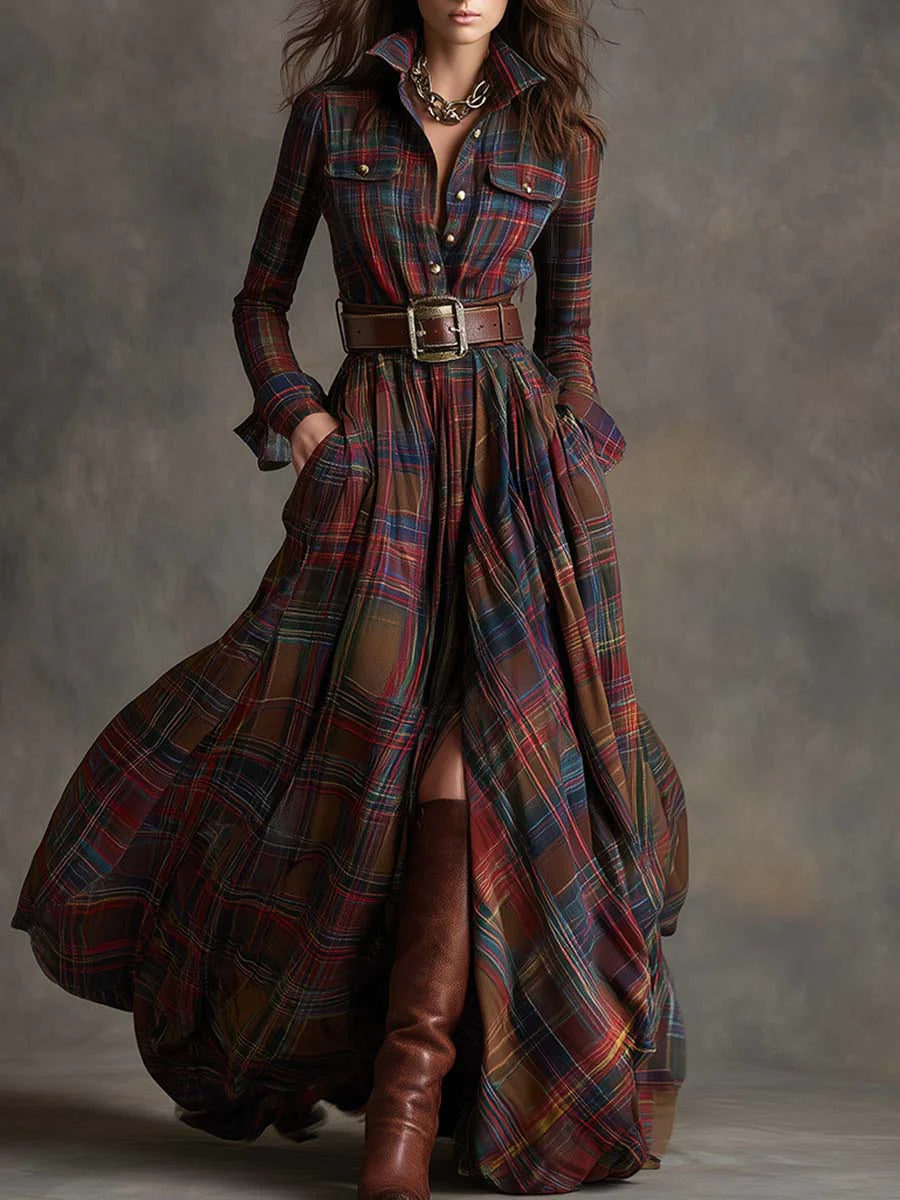 Retro Revers rotbraunes Plaid Maxikleid