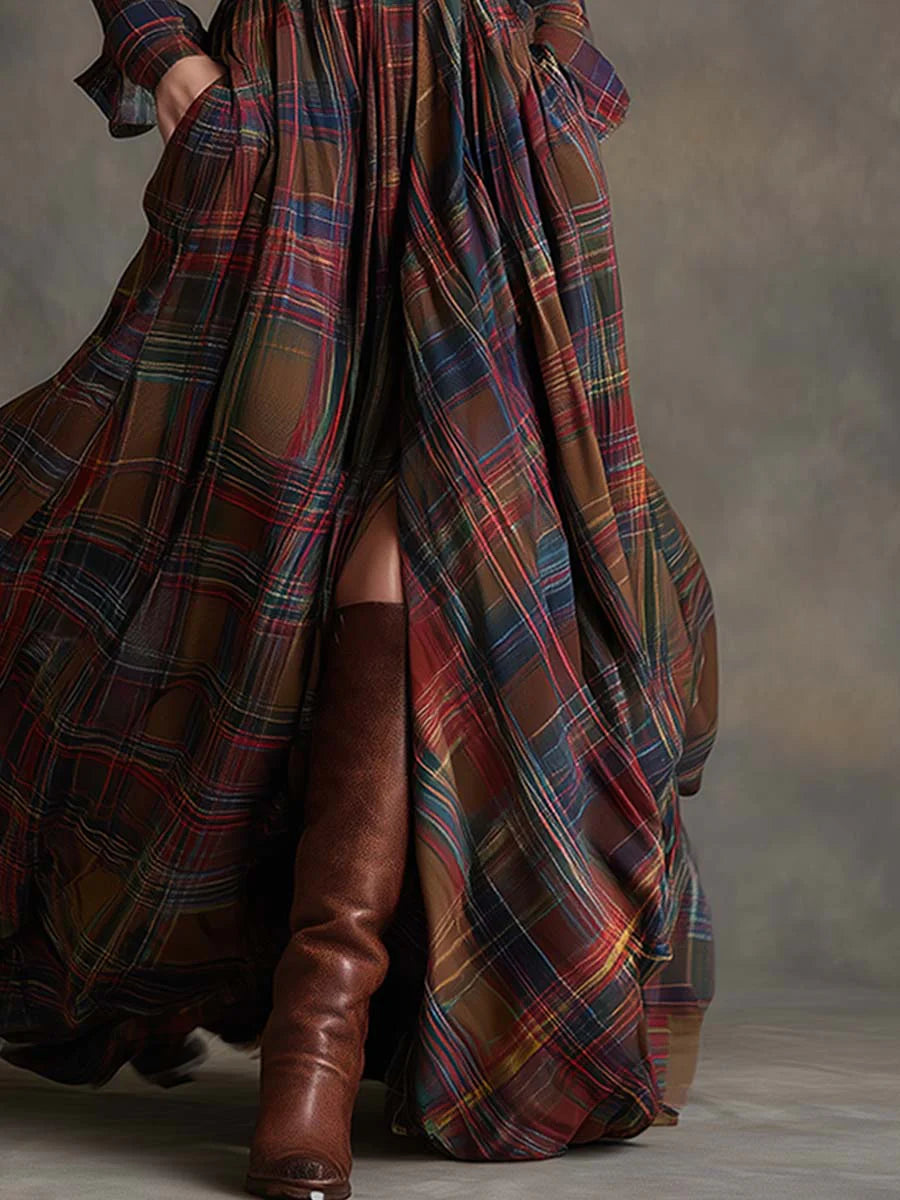 Retro Revers rotbraunes Plaid Maxikleid