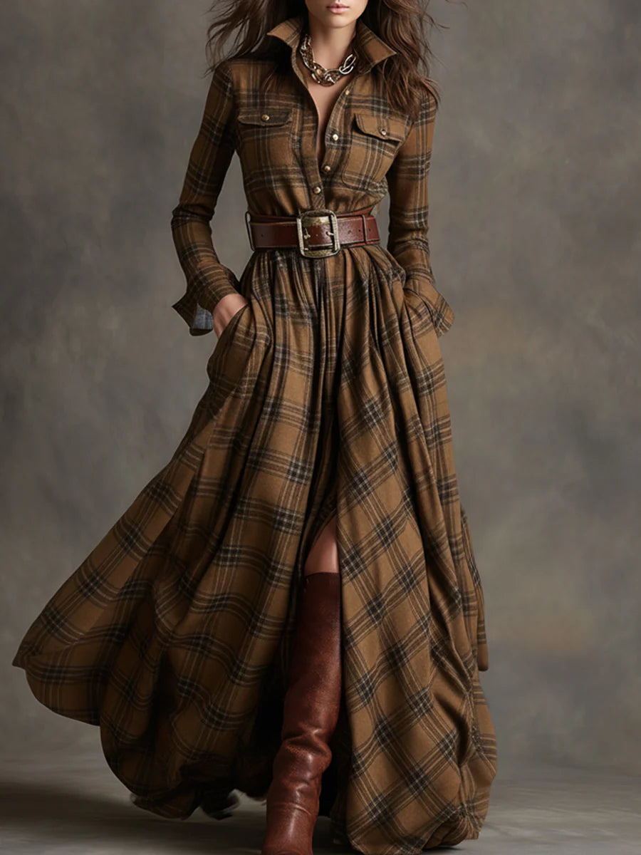 Retro Revers rotbraunes Plaid Maxikleid