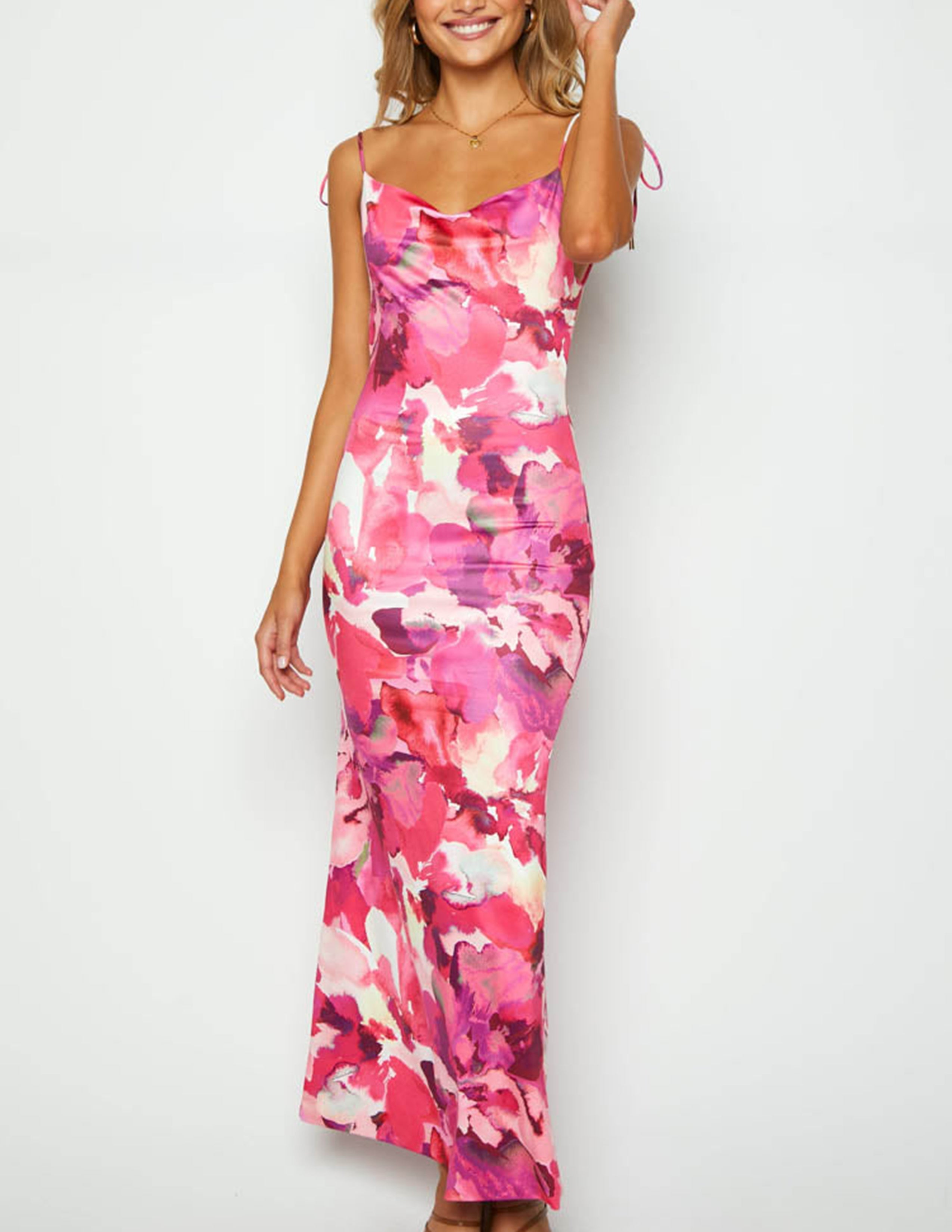 Ärmelloses rückenfreies pinkes Maxikleid mit Print